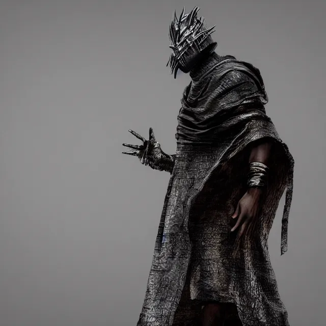 Image similar to kanye yeezus tour with a maison margiela mask reimagined as a boss in dark souls, dark cinematic, volumetric, realistic, cinematic lighting, ray tracing, unreal engine 5, unreal engine render, octane render, hyper realistic, photo, 8 k