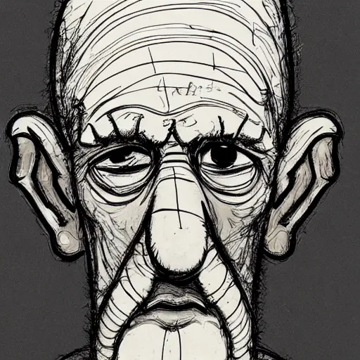 Prompt: a realistic yet scraggly portrait sketch of the side profile of a stern and sophisticated squidward tentacles, trending on artstation, intricate details, in the style of frank auerbach, in the style of sergio aragones, in the style of martin ansin, in the style of david aja, in the style of mattias adolfsson