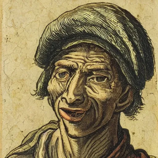 Prompt: A 17th Century beggar, with the letter B carved on his forehead, filthy, haggard, no teeth, dirty hair, Breughel