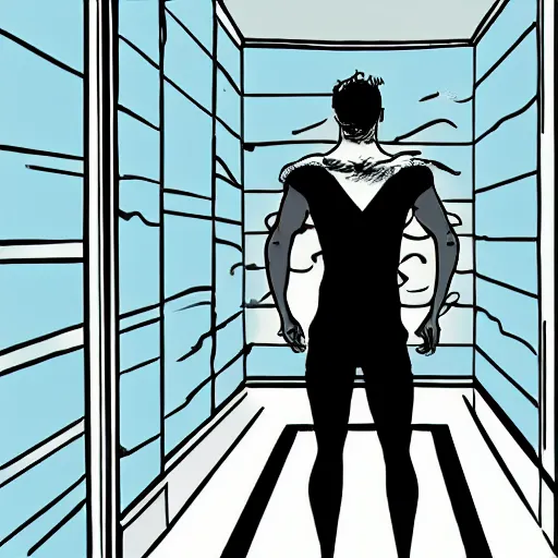 Image similar to man standing in a white room, water up to his ankles, comic book style