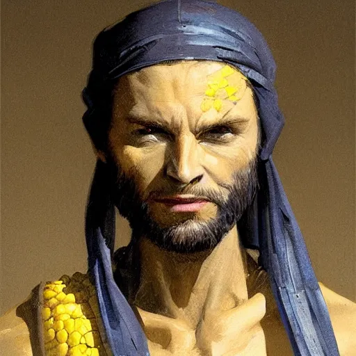 Prompt: Concept art, A wolverine with a pearl earring with maize and blue background, james gurney, greg rutkowski, john howe, artstation