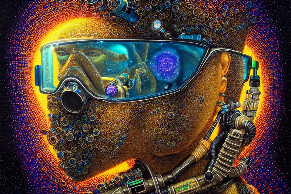 Image similar to detailed portrait of a cyberpunk scuba diver inside a dmt portal by james r eads and tomasz alen kopera