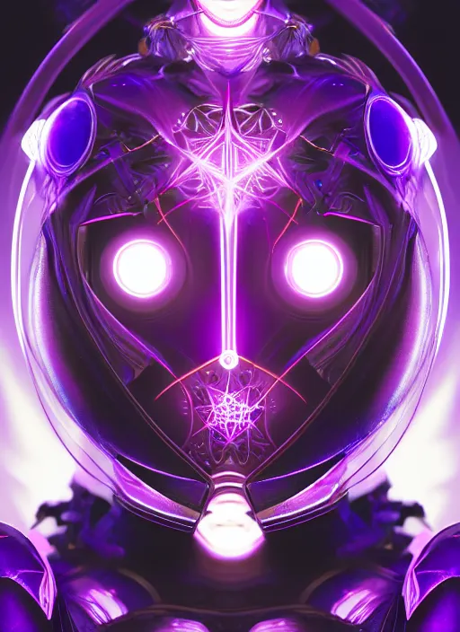 Image similar to symetrical close up portrait of lady voidstar in full high tech close fitting armor, robotic arms, glowing diagram of a swirl a pentagram and a star, intricate, elegant, purple, glowing lights, highly detailed, digital painting, artstation, concept art, smooth, sharp focus, illustration, art by wlop, mars ravelo and greg rutkowski