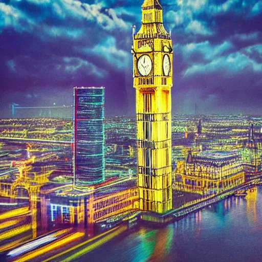 Prompt: Cyberpunk city, Big Ben, the Westminster, River Thames, flying aircrafts, neon