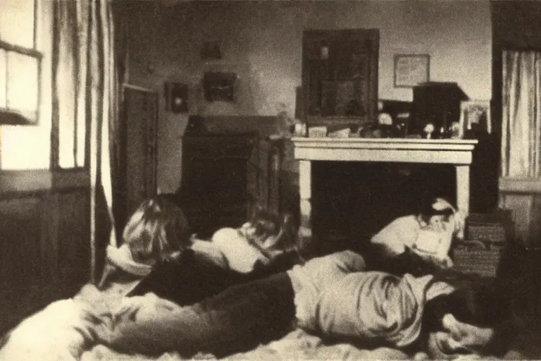Image similar to enfield haunting 1 9 7 7, photo real, ghosts, bedroom, seance, creepy, 7 0 s, realistic