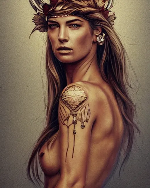 Prompt: realism tattoo sketch of jessica hart as a beautiful greek goddess aphrodite with piercing eyes wearing a laurel wreath and triangle earrings, in the style of greg rutkowski, amazing detail