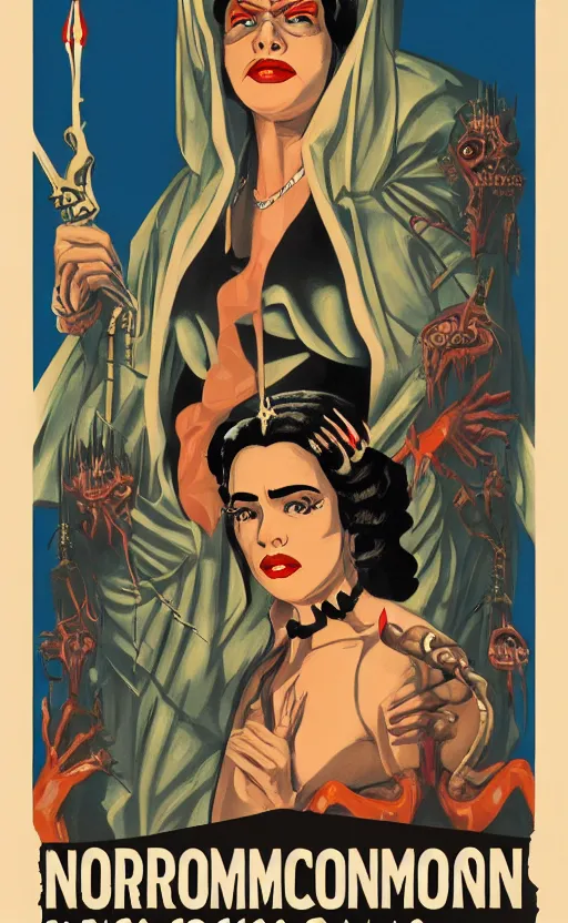 Image similar to 8 k cursed with necronomicon horrorcore cel animation poster depicting dominican woman with sharp nails, intricate faces, metropolis, 1 9 5 0 s movie poster, post - processing, vector art