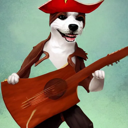 Prompt: dog as a pirate playing on guitar, digital art, artstation, high detalied,