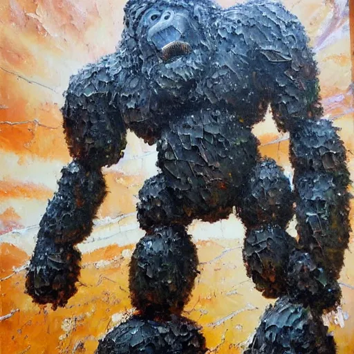 Image similar to oil painting of a huge rusting mech, that resembles a gorilla, highly detailed, complex, intricate