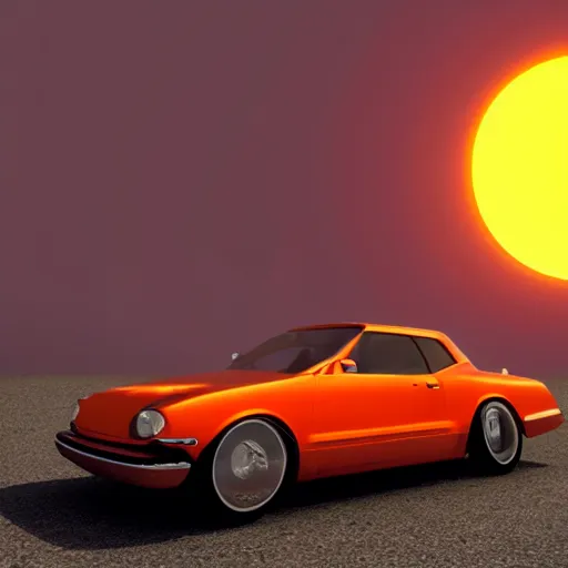 Prompt: a car is flying in front of a bright orange sun, a raytraced image by Mārtiņš Krūmiņš