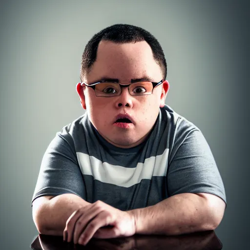 Image similar to portrait of down syndrome kevin gates sharp focus, shallow depth of field, 4 k editorial photograph, soft lighting, blank background