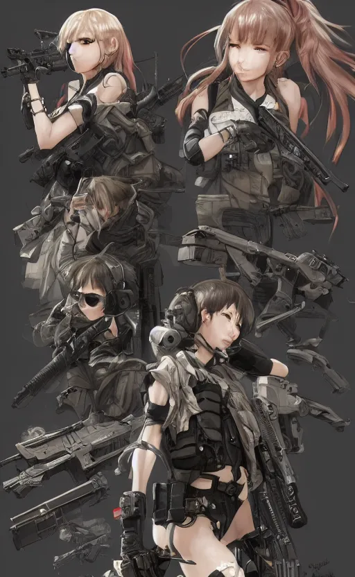 Prompt: highly detailed, high resolution, character design art, stunning, volumetric lightning, realistic guns, girls frontline style, matte, sharp focus, intricate, 150mm, illustration, artstation, by yusuke kozaki, realistic human anatomy, simple design, realistic military gear, metal gear style, comic book style