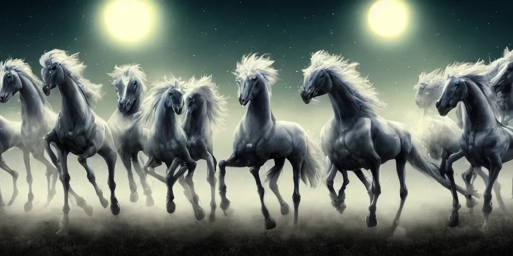 Image similar to a group of cyan spectral transparent ghost skeletal horses with ghastly knights fly overhead in the starry twilight sky, high detail, sharp, digital art