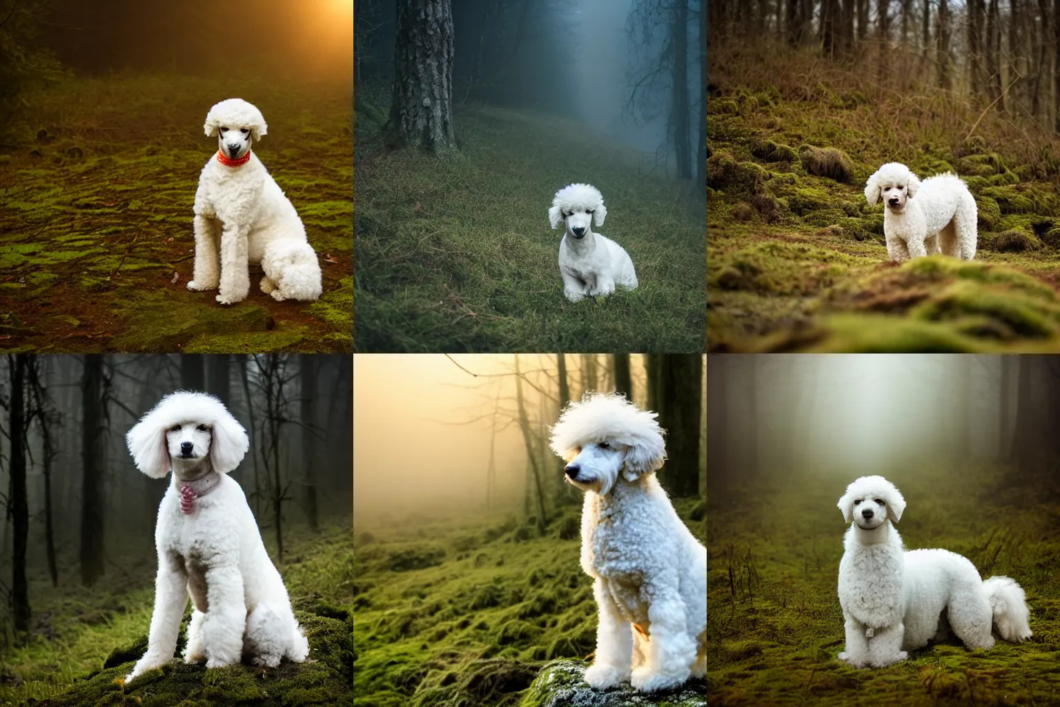 Prompt: high detail photo of an abandoned white poodle sitting alone in the mossy foggy forrest at sunset, desolate, atmospheric, hazy, 8k, reflections