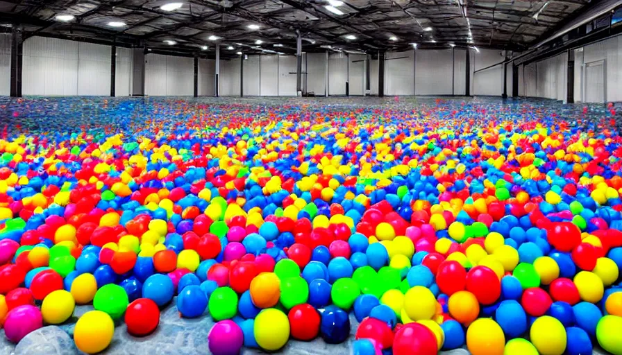 Prompt: an empty warehouse, in the middle is an inflatable kiddie pool filled with colorful plastic balls, grainy photo, liminal space