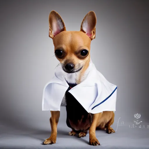 Image similar to chihuahua wearing doctor's attire, studio lighting