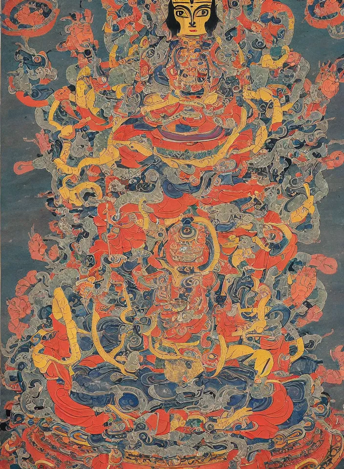 Image similar to a painting portraying a many-limbed many-headed cybernetic Yamantaka, traditional tibetan ART, boddhisatva