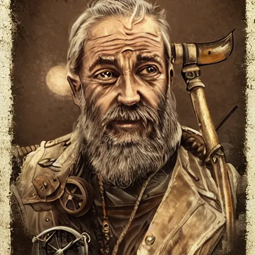 Image similar to a portrait of an old man who is a captain of a boat, weathered, in the style of steampunk, tattoo of boat on chest, holding a spear, retro, with beard and scar on face. trending on artstation, ambient lighting, 4k render, ultra hd:: behance art