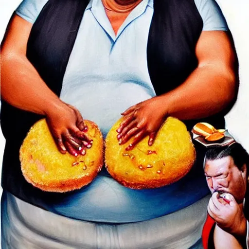 Prompt: an obese steven seagal holding a jelly donut in his left hand, and a fried chicken drumstick in his right hand, hyper realistic, studio quality, real photograph, high resolution