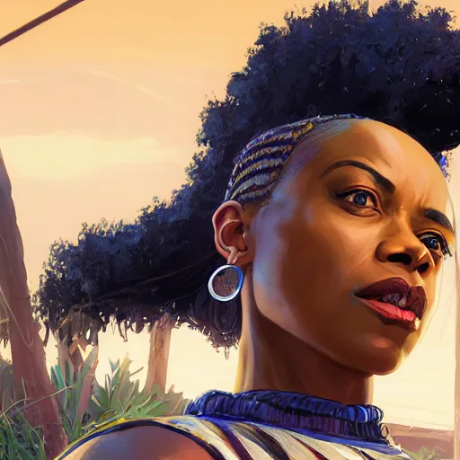 Image similar to highly detailed portrait of an african american woman in superhero costume in gta v, stephen bliss, unreal engine, fantasy art by greg rutkowski, loish, rhads, ferdinand knab, makoto shinkai and lois van baarle, ilya kuvshinov, rossdraws, tom bagshaw, global illumination, radiant light, detailed and intricate environment