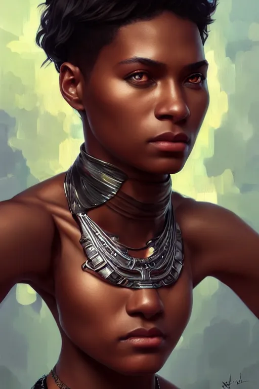 Prompt: photorealistic portrait of a young butch solarpunk black woman, handsome, female, masculine, upper body, fantasy, fierce, sharp features, intricate, elegant, highly detailed, digital painting, artstation, concept art, matte, sharp focus, illustration, art by artgerm and greg rutkowski and alphonse mucha