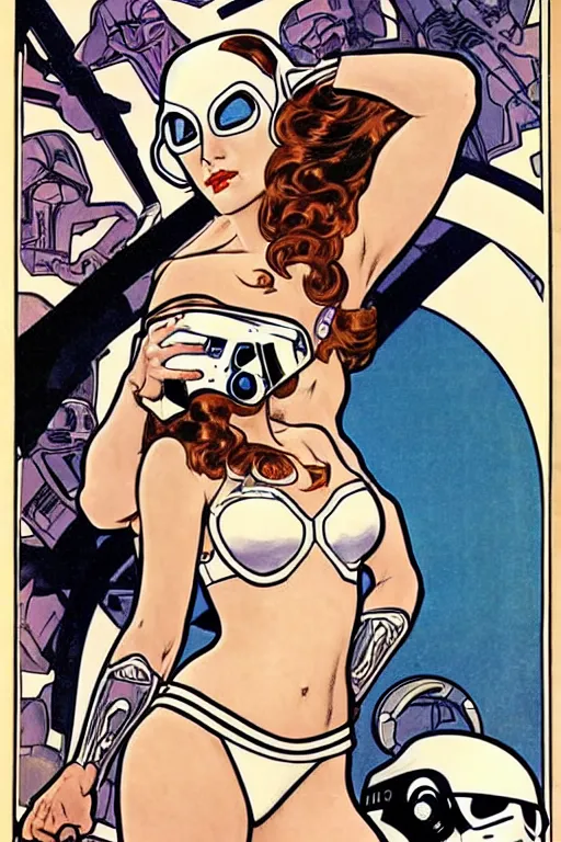 Image similar to female in white bikini with tattoos and stormtrooper helmet, well composed, clean elegant painting, beautiful detailed face. comic book art by steve ditko and jack kirby and ( alphonse mucha )