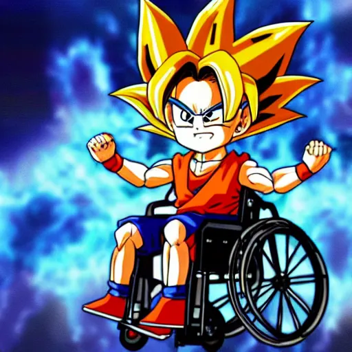 Prompt: chibi goku in a wheelchair getting hit by Gohan