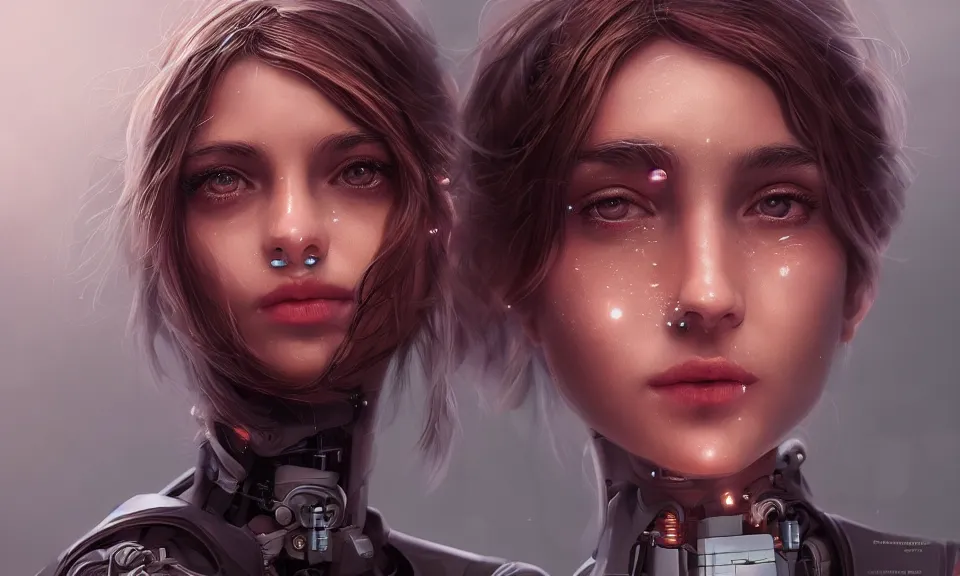 Image similar to cinematic bust portrait of beautiful girl with robot body, portrait, cinematic, elegant, artstation, intricate, highly detailed, digital painting, artstation, concept art, sharp focus, illustration, cyberpunk, cgsociety, 8 k