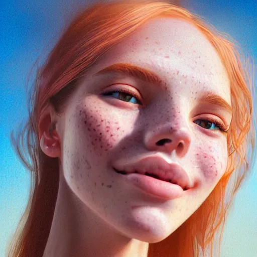 Image similar to portrait of a cute thin young woman, red blush, cute freckles, smug smile, modern clothes, relaxing on the beach, golden hour, close up shot, soft focus, 8 k, art by irakli nadar, hyperrealism, hyperdetailed, ultra realistic