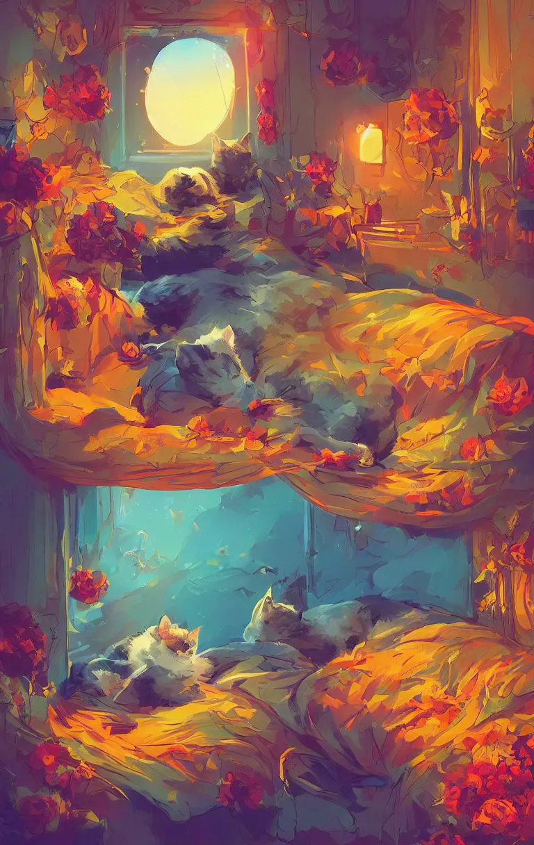 Image similar to a digital art of a cat sleeping in the room with flowers around in the afternoon, the sun shines in, animal, light effect, highly detailed, by anton fadeev