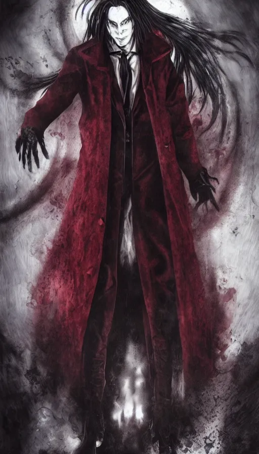 Image similar to ''alucard from hellsing, vampire, creepy art, photorealistic, digital paintting, concept art, 4 k''