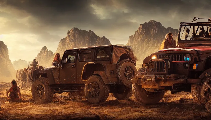 Prompt: Mahindra thar, tribe members watching nearby, an epic fantasy, dramatic lighting, cinematic, establishing shot, extremely high detail, photorealistic, cinematic lighting, matte painting, artstation, horizon forbidden west