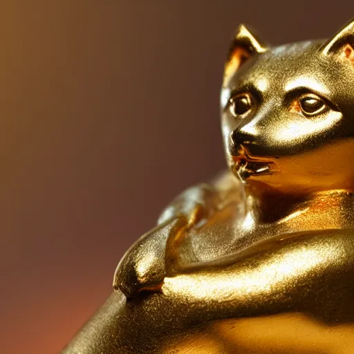 Image similar to an ancient egyptian gold statuette with the face of a shiba inu, close up photo, ultra realistic, studio photo, bokeh. intricate details.