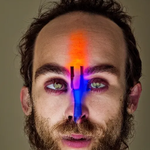 Image similar to three eyed humans, third eye middle of forehead, wide wide shot, very hairy bodies, vivid colors, forehead eye, beautiful lighting