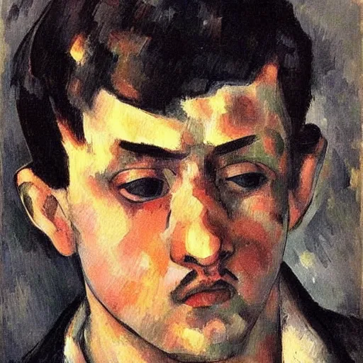 Image similar to A sad, melancholic, expressionless face that is trying to hold in anger, male face, tears, dark aesthetic, can\'t escape the sad expression, digital, trending on artstation, art by Paul Cezanne