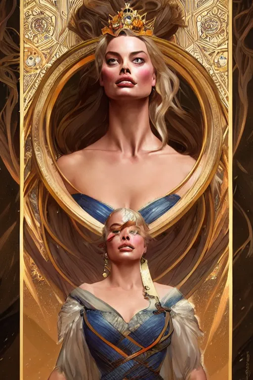 Image similar to Margot Robbie as a princess, fantasy, intricate, elegant, highly detailed, digital painting, artstation, concept art, matte, sharp focus, illustration, art by Artgerm and Greg Rutkowski and Alphonse Mucha