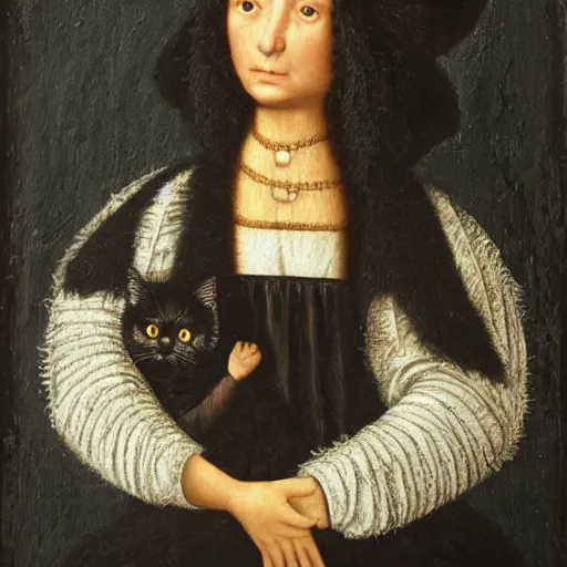 an old painting of a woman in black holding a cat a Stable