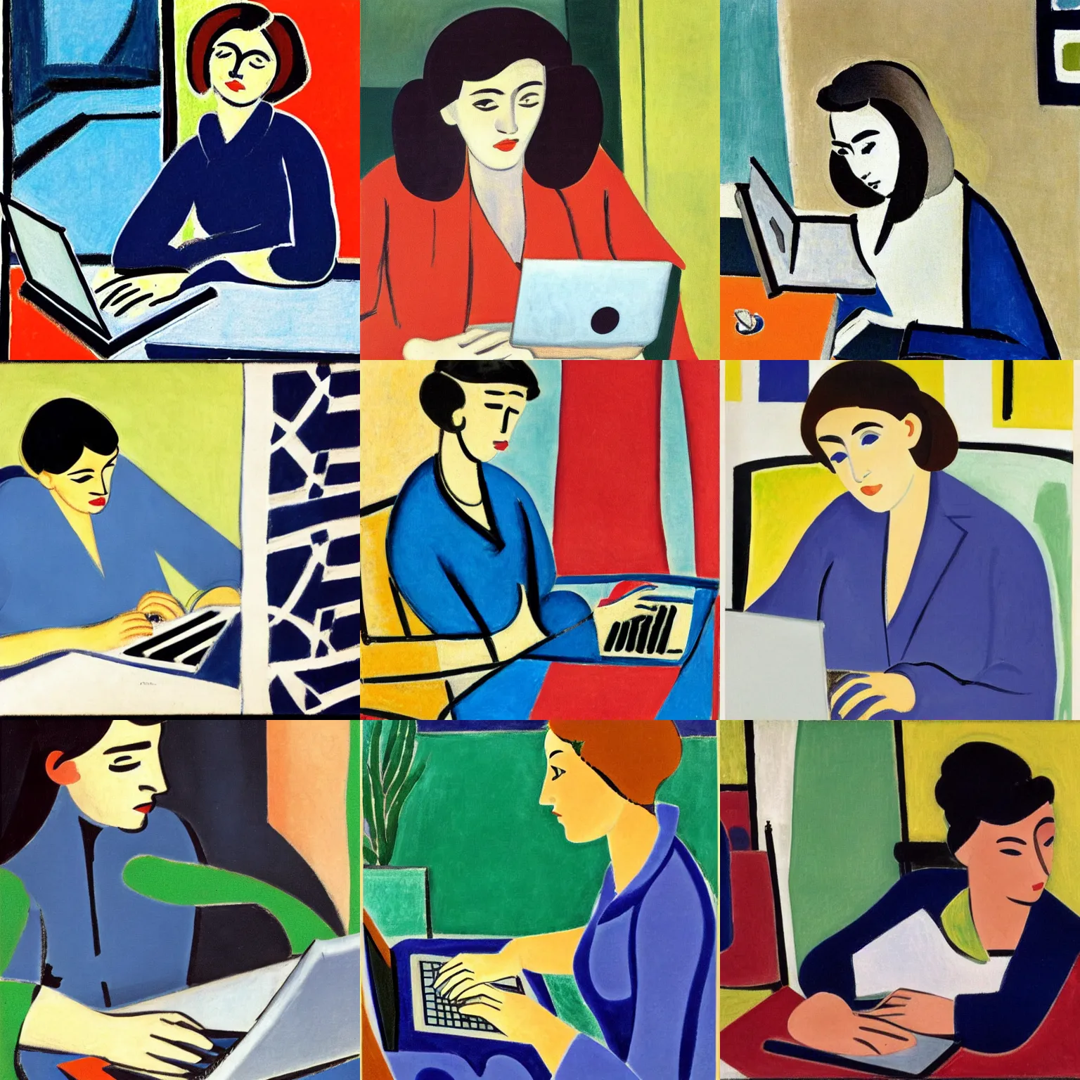 Prompt: close - up of a young woman coding on her laptop, by henri matisse 1 9 3 5. early morning, hot coffee, wondow, sun