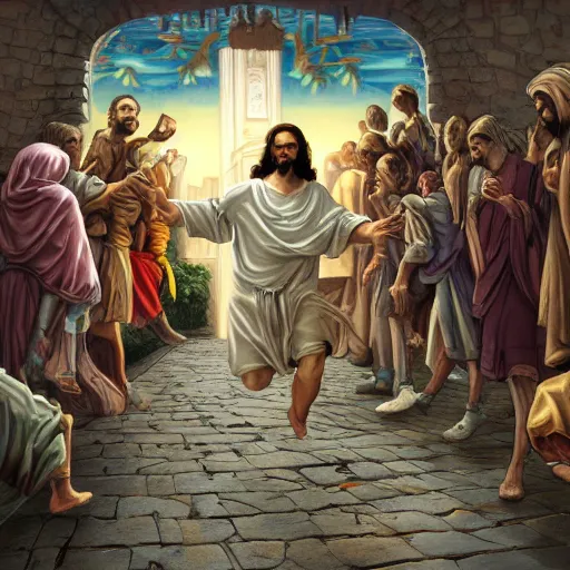 Image similar to a detailed picture of jesus chasing away the merchants in the temple, thrown tables, scattered gold coins, fleeing merchants, fantasy, intricate, elegant, highly detailed, digital painting, artstation, matte, sharp focus, illustration, in the style of vaporwave, retro futurist, 4 k