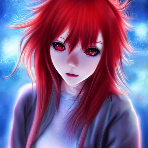 Image similar to infp anime girl with red hair, gratefully hugging the ai, atmospheric, hyper detailed digital art