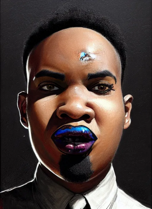 Image similar to portrait of a wide faced black man with a crooked nose and a confident expression, 1 9 6 0 s, black clothes, goth, punk, brightly coloured hair, funk, intricate, elegant, highly detailed, digital painting, artstation, concept art, smooth, sharp focus, illustration, art by wlop, mars ravelo and greg rutkowski