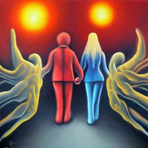 Image similar to couple walking hand in hand, in heaven and hell at the same time, surrealistic realistic painting, detailed