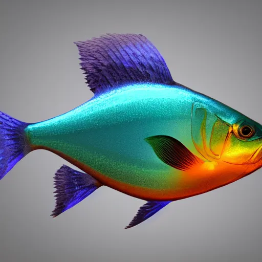 Image similar to 3D rendered aesthetic fish, chromatic material, translucent, high details, 8k, sharp, realistic