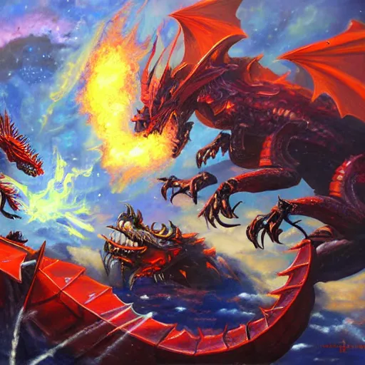 Prompt: giant robot fights against fantasy dragon, dragon breathing fire, robot shooting gun, background in space, oil painting