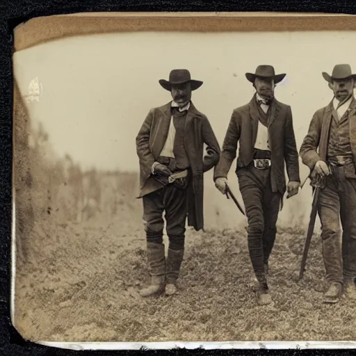 Prompt: a platinotype photo of three man from the old west going on an expedition to find a haunted burial ground and exhume it from a terrorizing creature