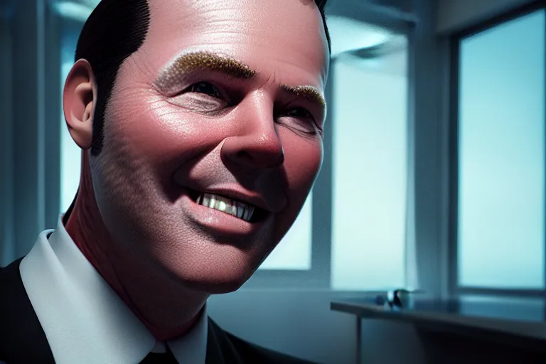 Image similar to an ultra realistic, cinematic headshot portrait of sleazy hollywood agent gary murdoch, sat in an office, smiling, soft light, dreamy, facial features, detailed, deep focus, vaporwave background, movie still, dramatic lighting, ray tracing, by michal karcz and yoshitaka