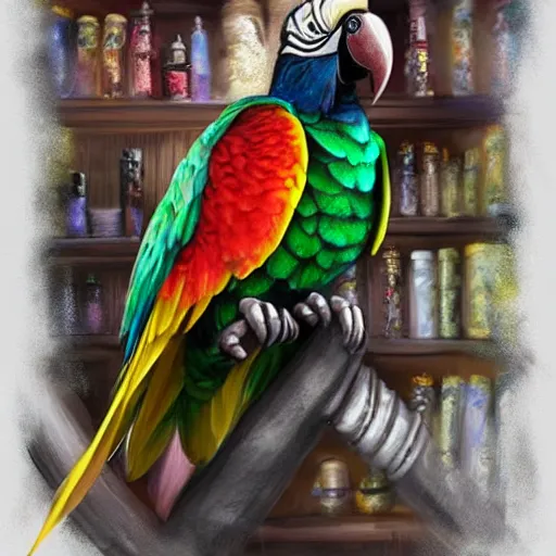 Image similar to Magic the gathering artwork of Anthropomorphized parrot trader in his shop, shelves full, selling a gem, portrait, items, magic potions, carpet, window, fancy funny hat, sly expression , cunning expression, cute expression, presenting magic gem, D&D, fantasy, cinematic lighting, highly detailed, digital painting, artstation, concept art, smooth, sharp focus, illustration, warm light, cozy warm tint, magic the gathering artwork, volumetric lighting, 8k, no gold, no gold colours, art by Akihiko Yoshida and Greg Rutkowski