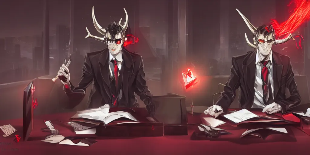 Image similar to dark lord sitting at desk large horns and suit, medium shot, portrait, semi realistic anime, red demon cyberpunk symbols