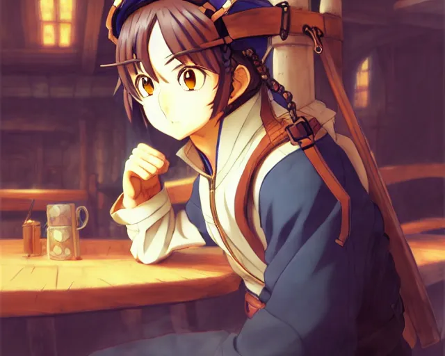 Image similar to anime visual, portrait of a young traveler in a busy fantasy medieval tavern interior, cute face by yoh yoshinari, murata range, last exile, blue submarine no 6, dynamic pose, dynamic perspective, detailed silhouette, anime cels, flat lighting, sharp clean profile, in focus, rounded eyes