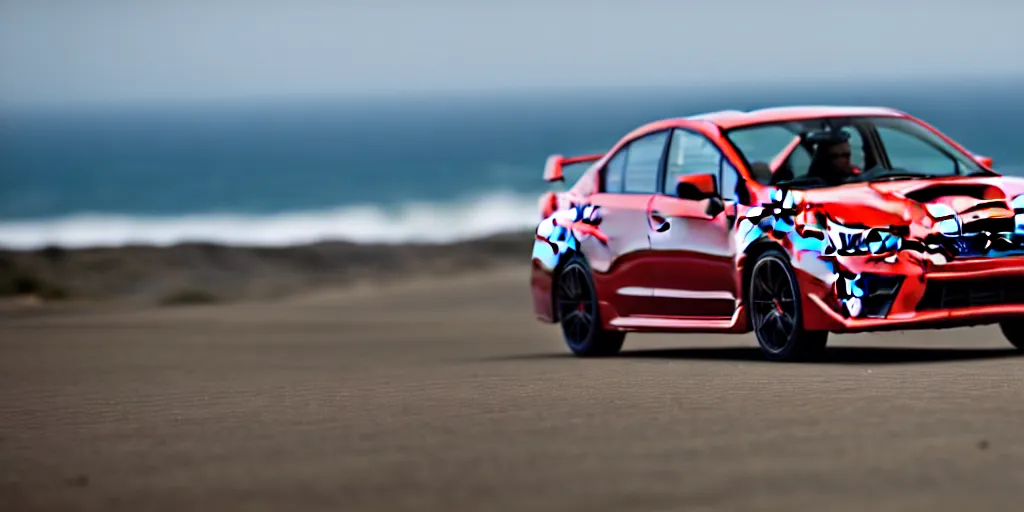 Prompt: photograph, 2015 Subaru WRX STi, cinematic, PCH, california coast, ocean view, 8k, depth of field, bokeh.